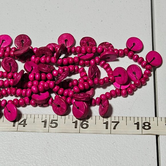 Retro Pink Wooden Disc Beaded Multi Strand Necklace 80s 90s Fashion Jewelry - Picture 6 of 6